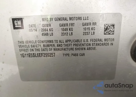 2014 Chevrolet Malibu 2Lt z USA, uszkodzony, nr VIN 1G11E5SL6EF299257